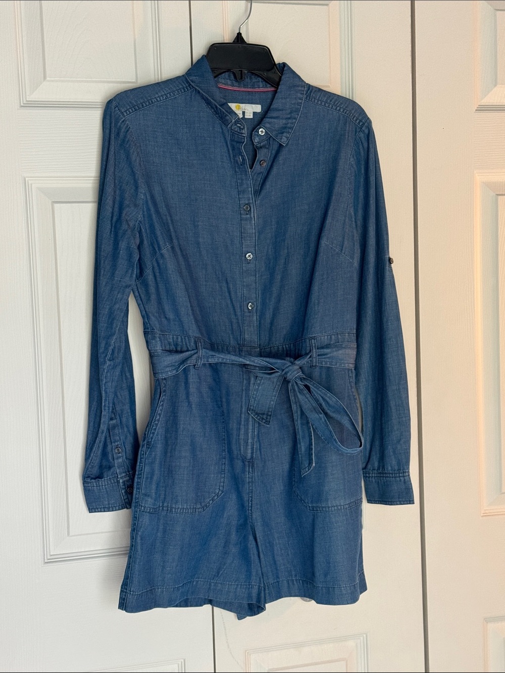 Boden Blue Denim Shirt Romper with Waist Tie